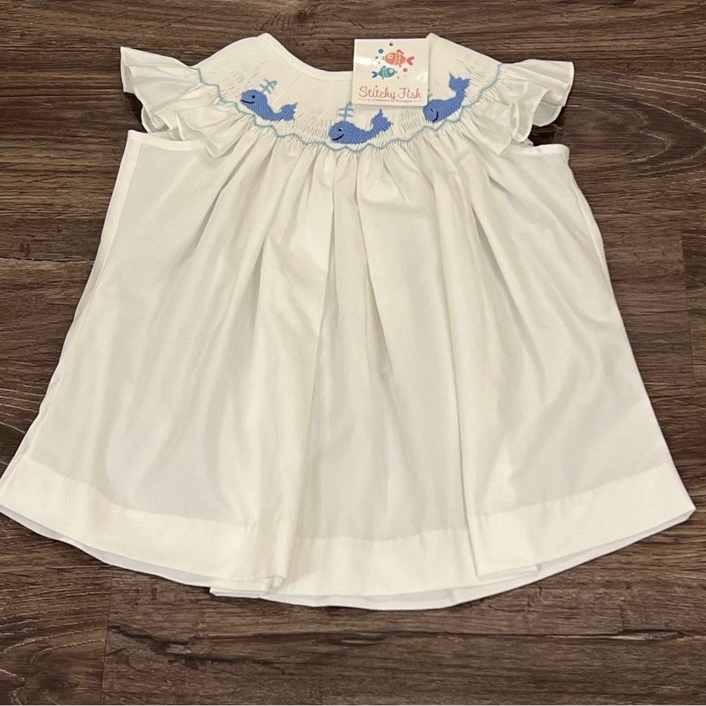 Stitch Fish Girls White Smocked Whale Dress Size 6 -New With Tags